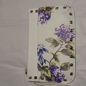 White House Black Market Floral White Clutch Wristlet with Stud Accents